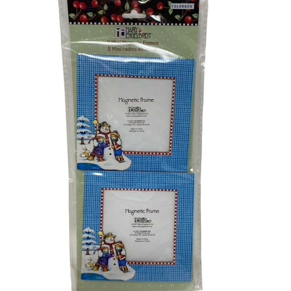 Mary Engelbreit 2 Mini Magnetic Frames Blue Snowman Scene 3.5"x3.5"